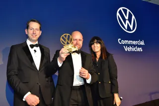 Carl zu Dohna with Gary Broad from JCB Sittingbourne Van Centre and Volkswagen Commercial Vehicles awards host Claudia Winkleman