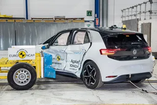 A Volkswagen ID3 electric car undergoes crash testing