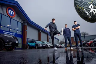Osprey’s players Matthew Aubrey and Cory Allen team up with Motorpoint’s Andrew Davies to kick off the company’s arrival in Swansea