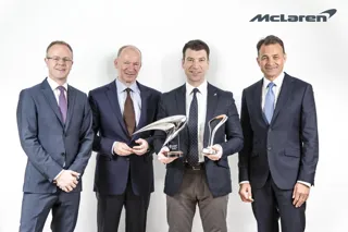 Awards success (from left): David Gilbert, managing director, Europe, McLaren Automotive; Mike Flewitt, chief executive of McLaren Automotive; Lee Martis, McLaren Glasgow; Jolyon Nash, executive director global sales and marketing, McLaren Automotive