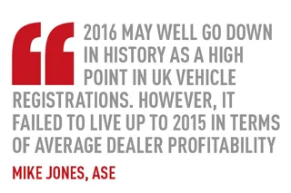 2016 may well go down in history as a high point in UK vehicle registrations. however, it failed to live up to 2015 in terms of average dealer profitability mike jones, ase 