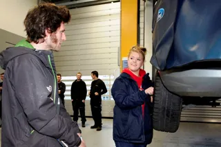 TrustFord panel beater Chelsea Riddle gets some advice from TT racer and TV presenter Guy Martin