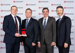 From left to right. Steve Davidson: general manager Burrows Barnsley, Steve Burrows managing director Burrows Toyota, accept the award from Dr Johan van Zyl, president and chief executive of Toyota Motor Europe and Paul Van der Burgh, president and managing director of Toyota (GB) PLC