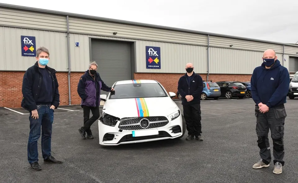 Fix Auto Leeds North developed by Sam (left) and Stephen Smith (second left), pictured alongside bodyshop manager Stephen Woodward and assistant manager Richard Jones (right)