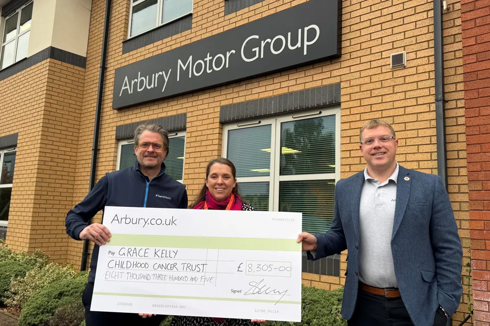 Ben Archer, Arbury Motor Group; Lucy Perkins, fundraising manager, The Grace Kelly Childhood Cancer Trust and James Mackay, group head of fleet and business sales.