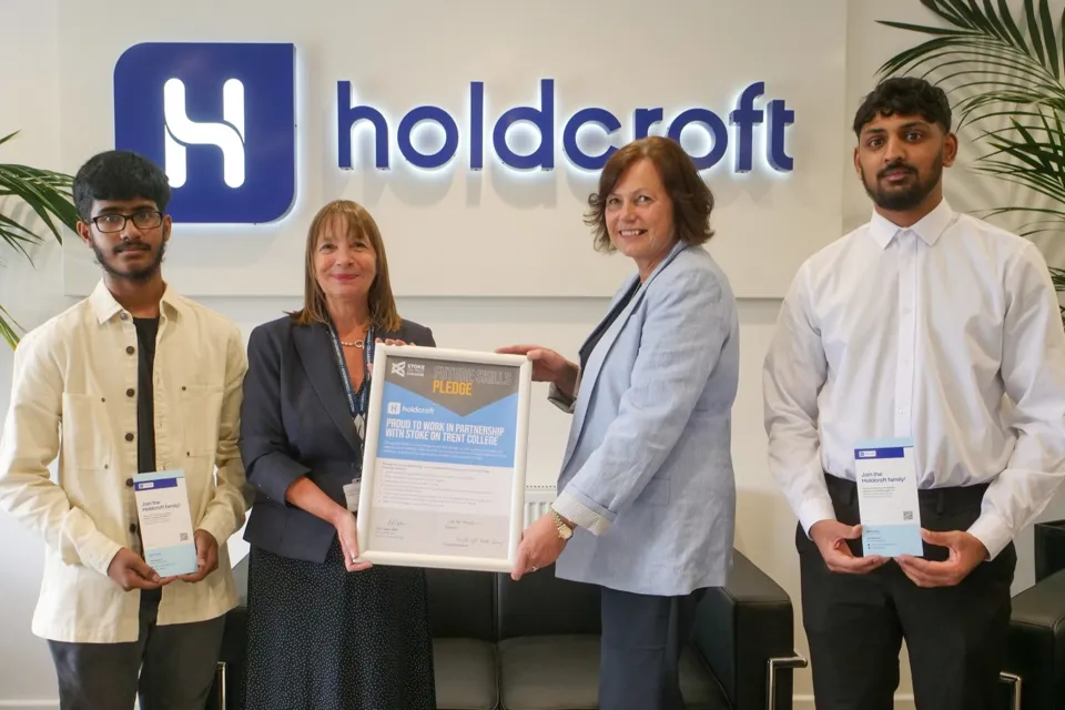 Mohammed Amaan Ali, Holdcroft apprentice; Lisa Capper MBE, CEO & principal at Stoke on Trent College; Julie Ouzman, group HR director, Holdcroft Motor Group; Abdul-Hadi Farooq, Holdcroft apprentice.