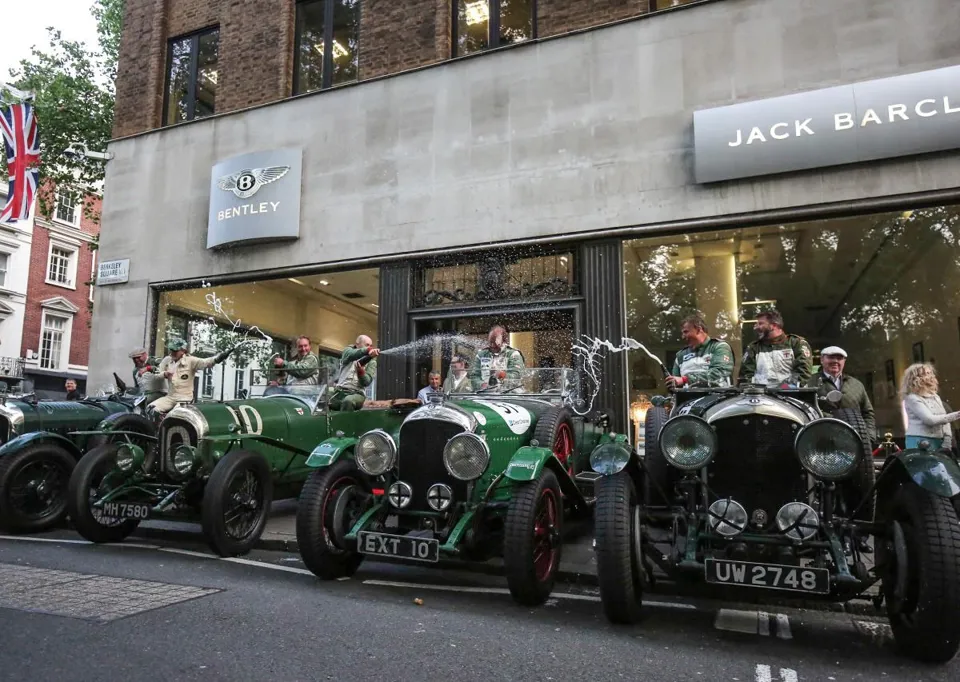 Vintage Bentleys gather outside HR Owen's Jack Barclay Bentley showroom