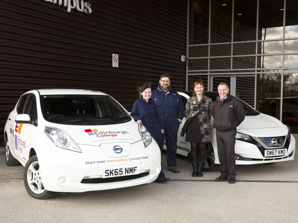 Bright spark (from left) Jessica O’Leary, Noble Scholarship winner; Bob Murphy, Edinburgh College Electric Vehicle administrator; Sheena Stone, Edinburgh College Development Trust manager; Jim Rowan, EV specialist at Alex F Noble & Son Nissan.