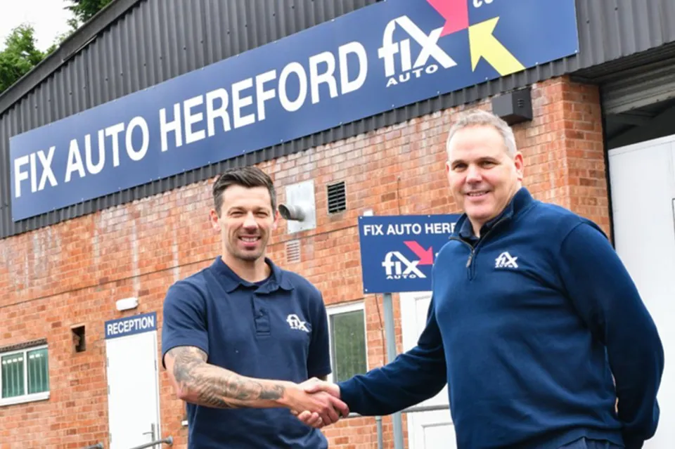 Pictured: Fix Auto Tewkesbury owner Kevin Dunlop (left) in front of his second site, Fix Auto Hereford, with Nick Hedges, regional business development manager for Fix Auto UK