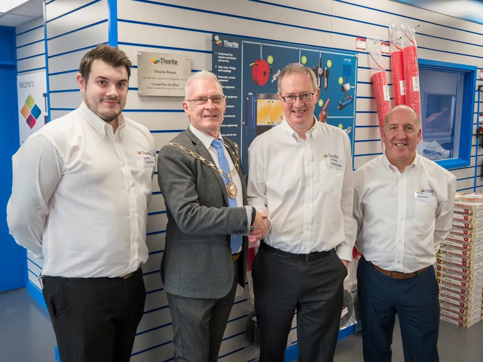 David Lewis, branch manager of the Bristol sales and service centre, councillor Ian Blair, Stephen Wright, managing director of Thorite, Steve Boyle, general manager of the Bristol sales and service centre.
