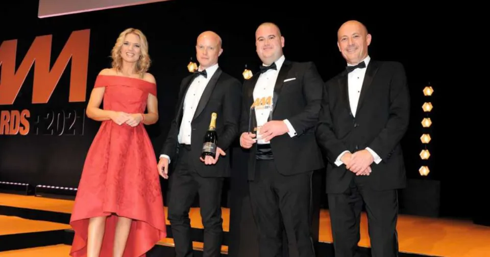 Richard Gough (second left), head of aftersales at Marshall Motor Group, and Bob Maxwell, general sales manager, Mercedes-Benz of Preston, received the award from Kevin Brockbank, (right), core sales director of Santander Consumer Finance