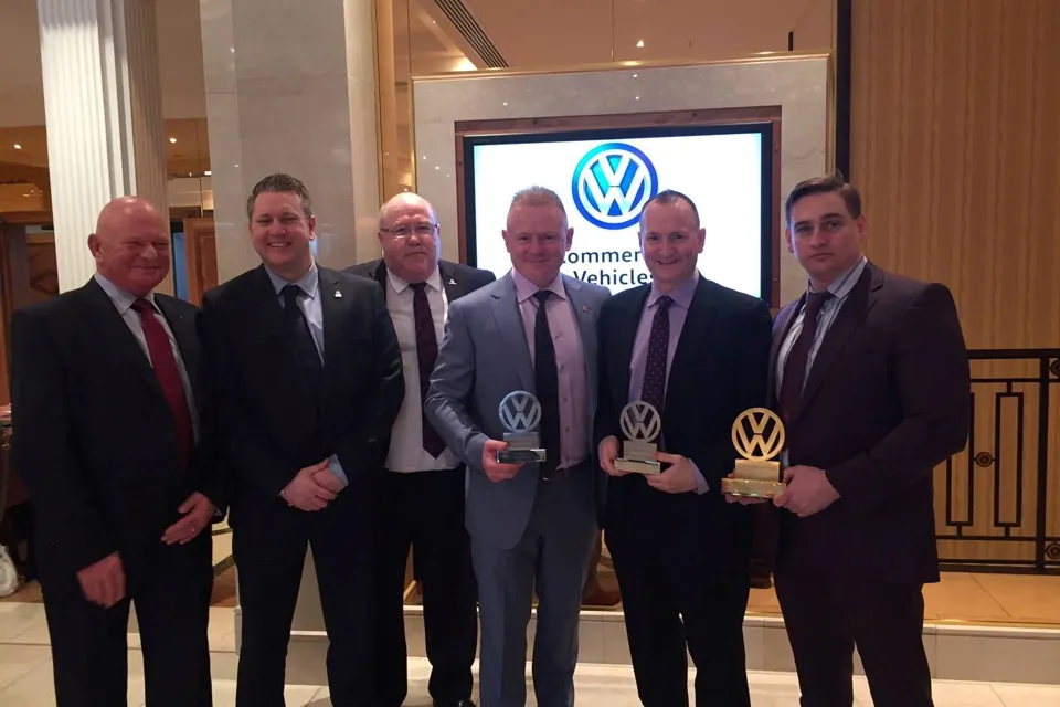 Swansway awards success (left to right): Paul Hoinville, head of business VW Van Centre Lancashire; Kevin Brown, head of business, VW Van Centre Birmingham; Alan Austin, head of business, VW Van Centre Wrexham; Peter Smyth, director Swansway Group; David Cowan, Swansway brand director Volkswagen Commercial Vehicles.